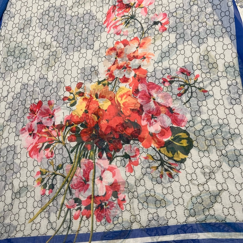 Floral Print Scarf with Blue Border- light weight - Picture 2 of 2